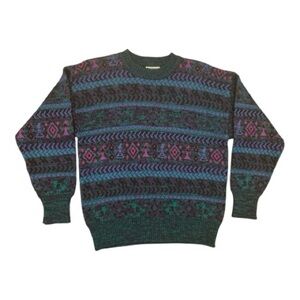 Vintage 80s 90s MEISTER Green Multicolor Wool Cozy Sweater Ski Fair Isle Size M